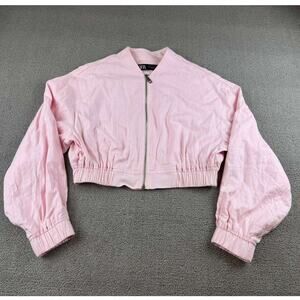 Zara Cropped Jacket Women S Pink Zip Front Elastic Hem Long Sleeve Ribbed Cuffs